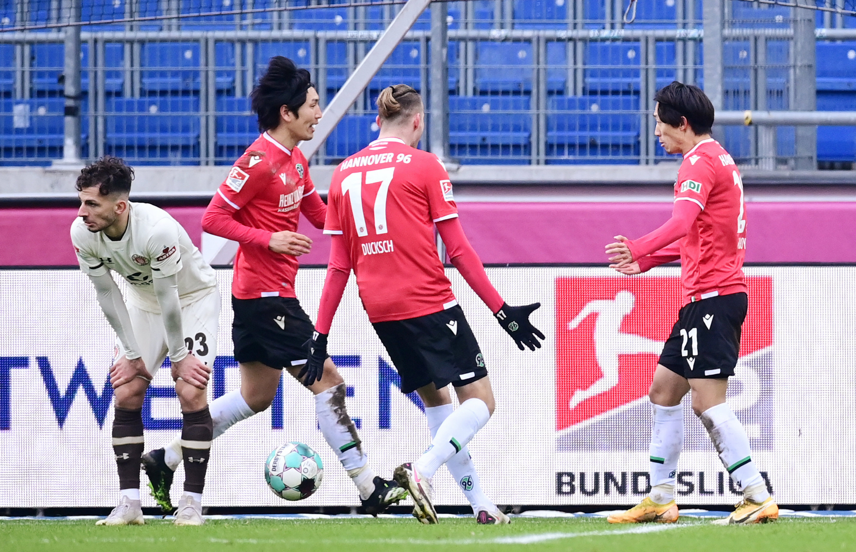 Genki Haraguchi halted the St. Pauli charge temporarily with a second-half brace.