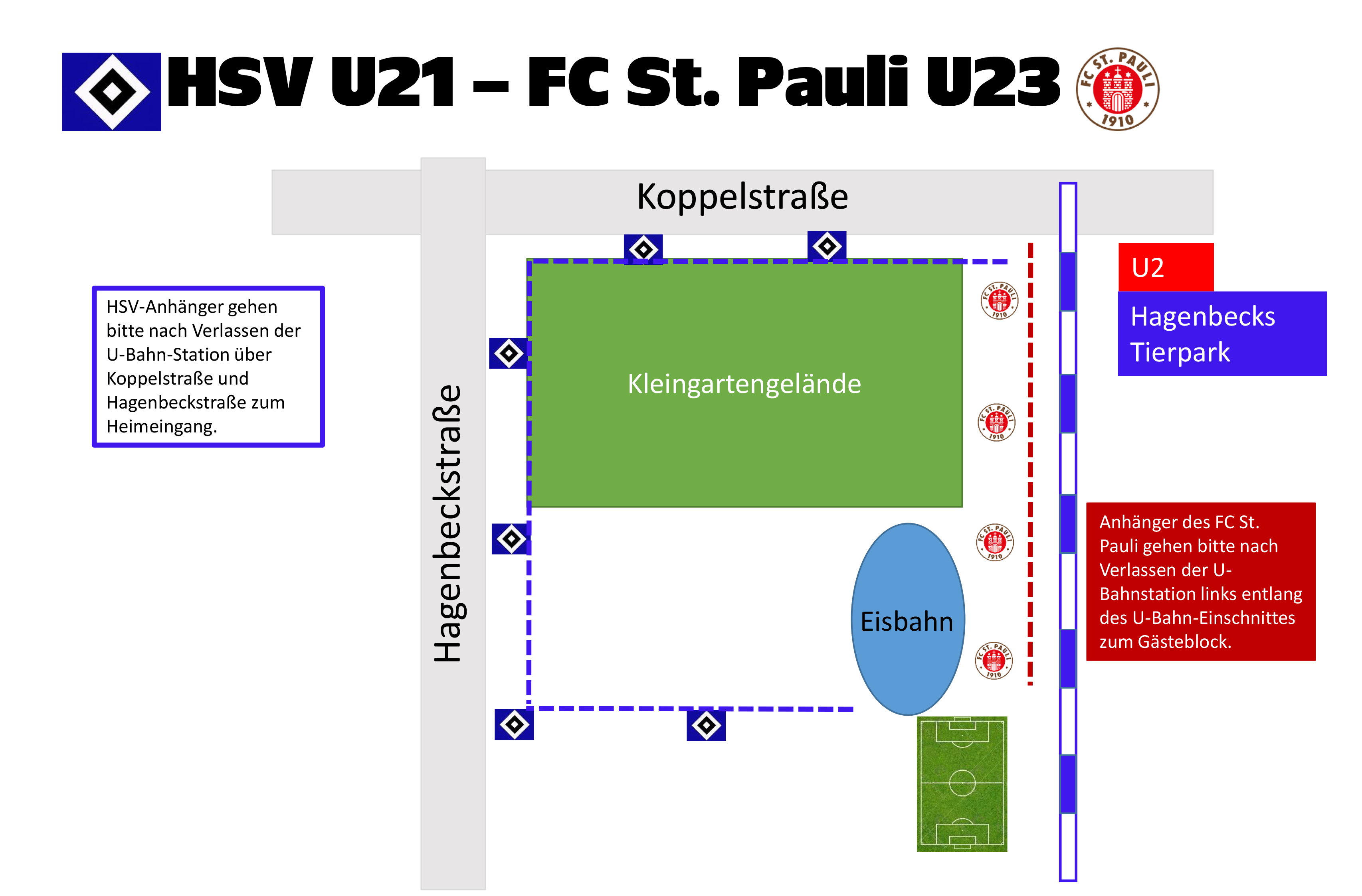 So kommt Ihr zum Spiel unserer U23 bei den "Rothosen": Nach Verlassen der U-Bahn-Station Hagenbecks Tierpark geht's links raus und dann an den Schrebergärten vorbei zum Stadion.
