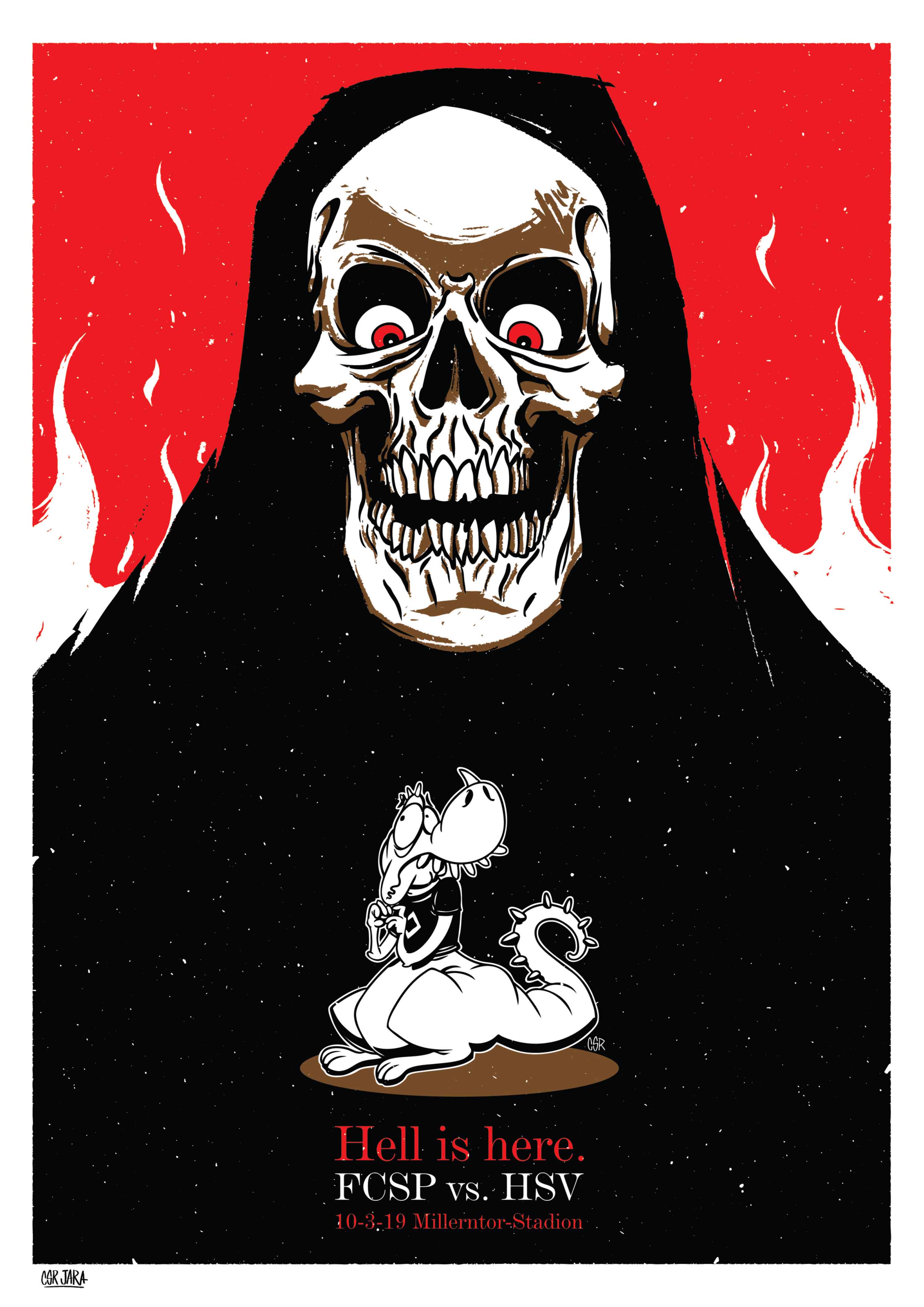 Der Derby-Kunstdruck von César Jara trägt den Titel "Hell is here".