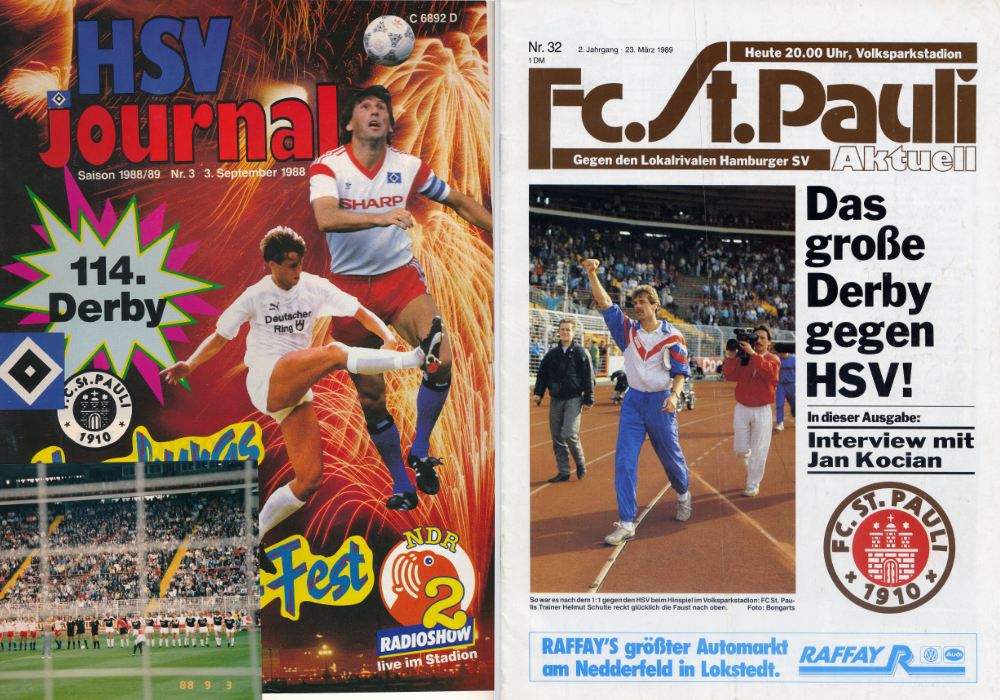 Die Stadionzeitungen zu den Derbys 1988/89 (links als Fan-Collage mit Foto aus dem Stadion).